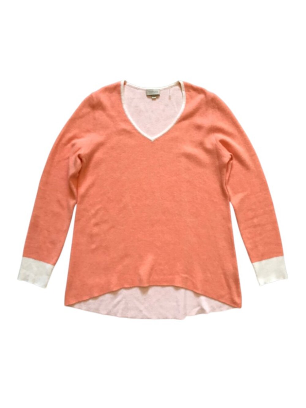 Kinross Cashmere Sweater Womens Medium Orange White V-Neck Long Sleeve Cotton